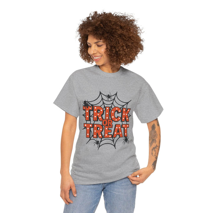Halloween Trick or Treat Shirt with Spider Web Design - Gutsy Garb