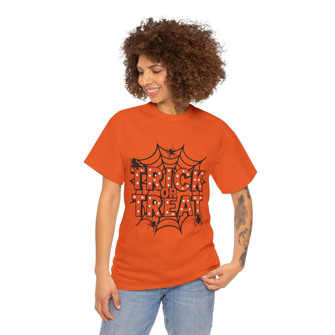 Halloween Trick or Treat Shirt with Spider Web Design - Gutsy Garb