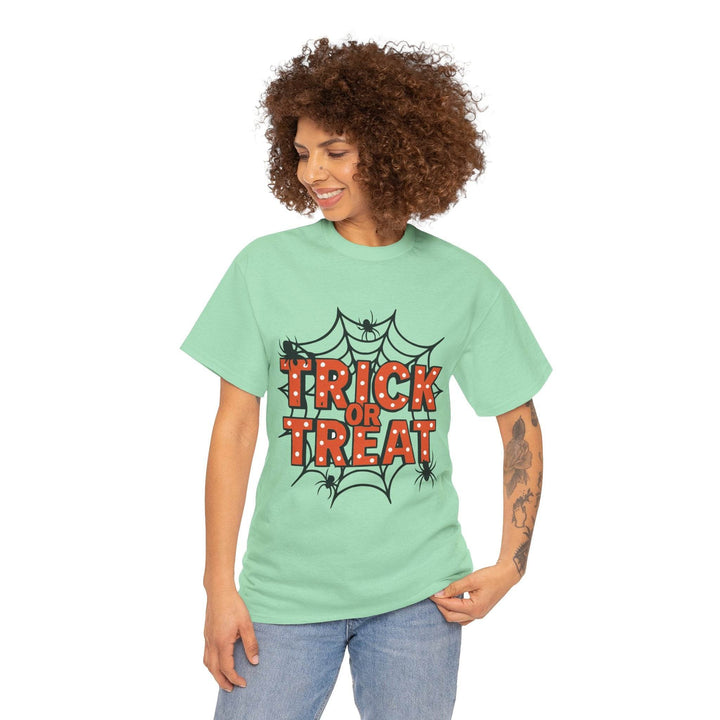 Halloween Trick or Treat Shirt with Spider Web Design - Gutsy Garb