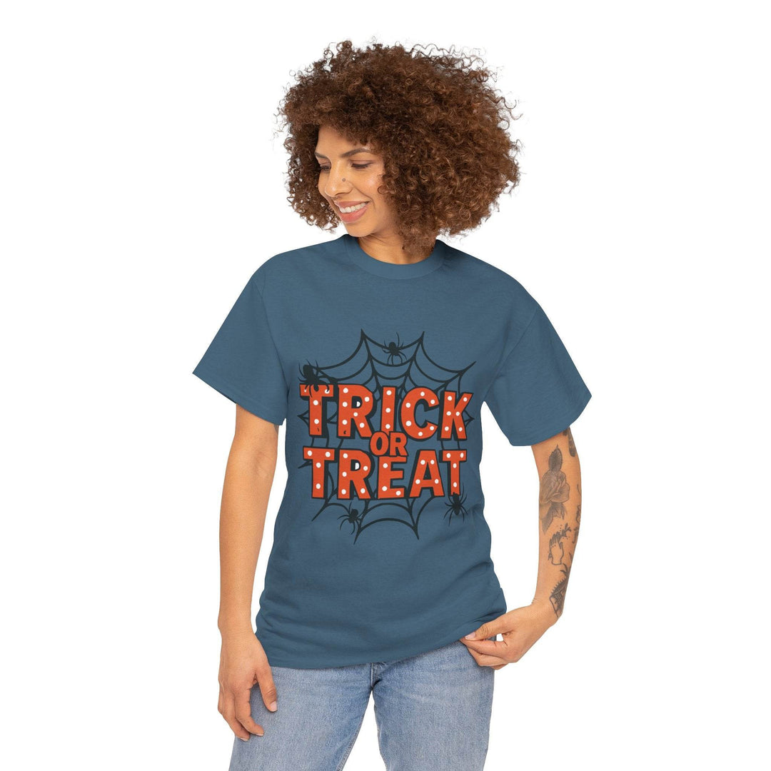 Halloween Trick or Treat Shirt with Spider Web Design - Gutsy Garb