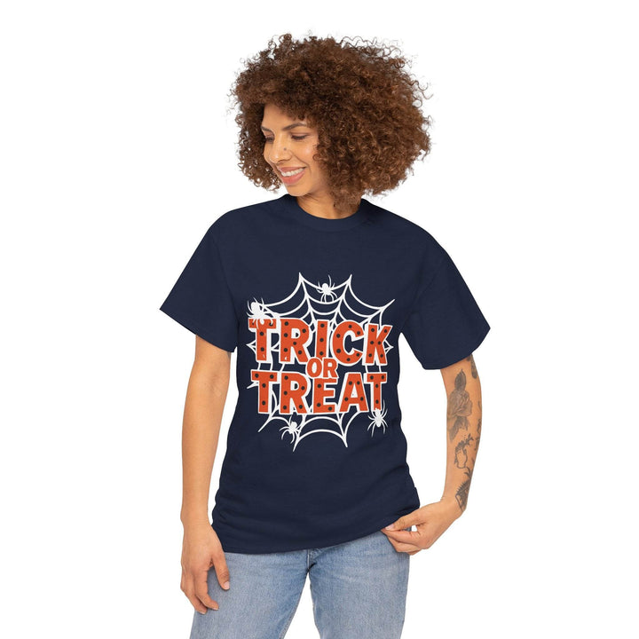 Halloween Trick or Treat Shirt with Spider Web Design - Gutsy Garb