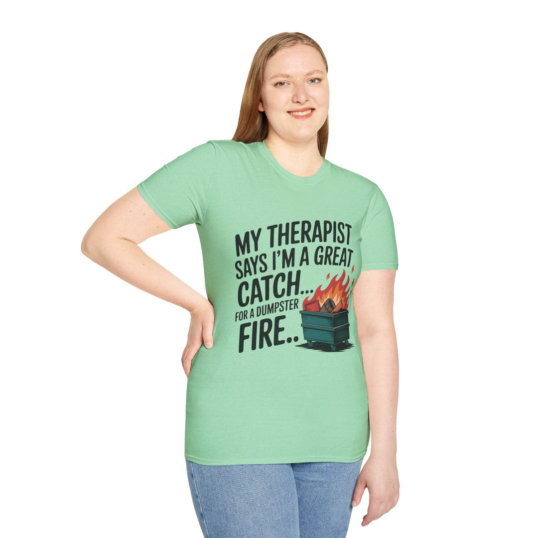 Funny Therapist T-Shirt with Humorous Dumpster Fire Design - Gutsy Garb