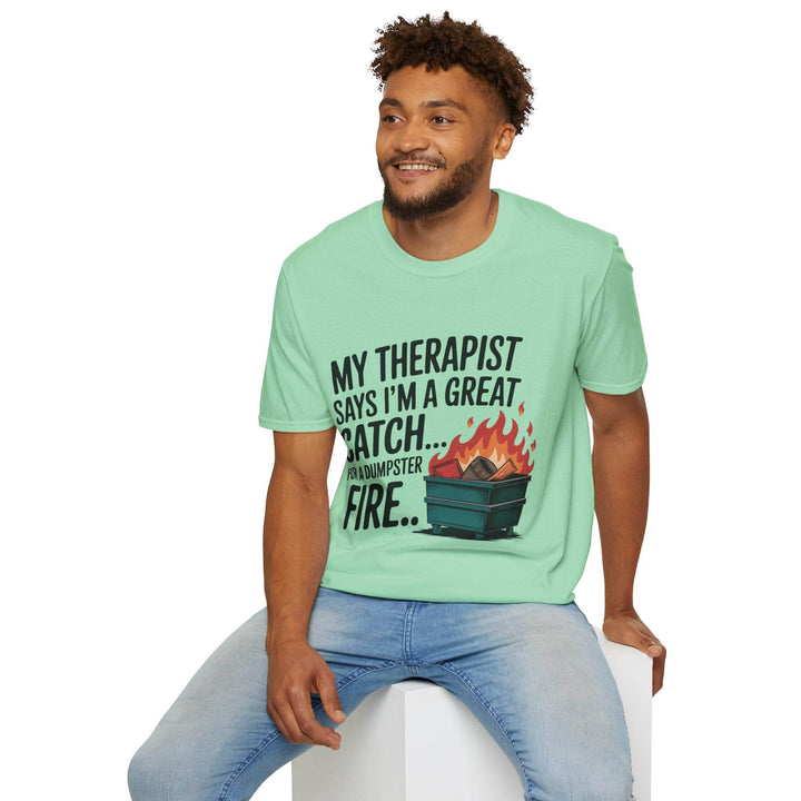 Funny Therapist T-Shirt with Humorous Dumpster Fire Design - Gutsy Garb