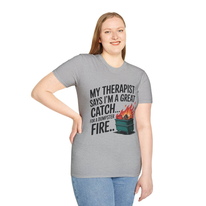 Funny Therapist T-Shirt with Humorous Dumpster Fire Design - Gutsy Garb