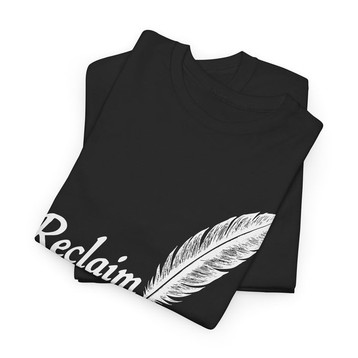 Reclaim Liberty graphic tee featuring a stylish feather design on a black background