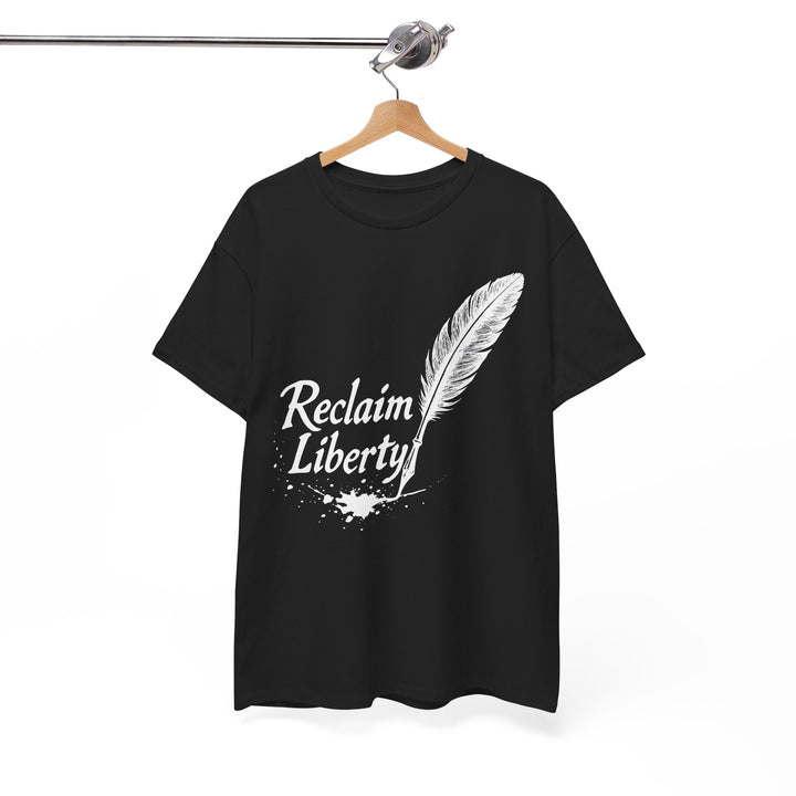 Reclaim Liberty graphic tee in black featuring a white feather design and bold text