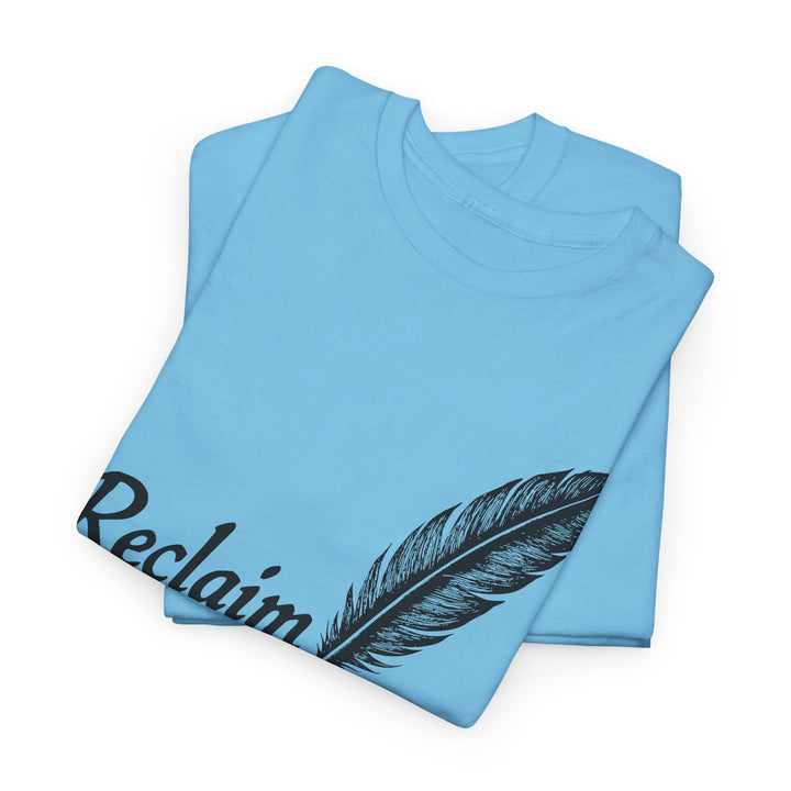 Reclaim Liberty graphic tee in light blue with feather design and stylish text