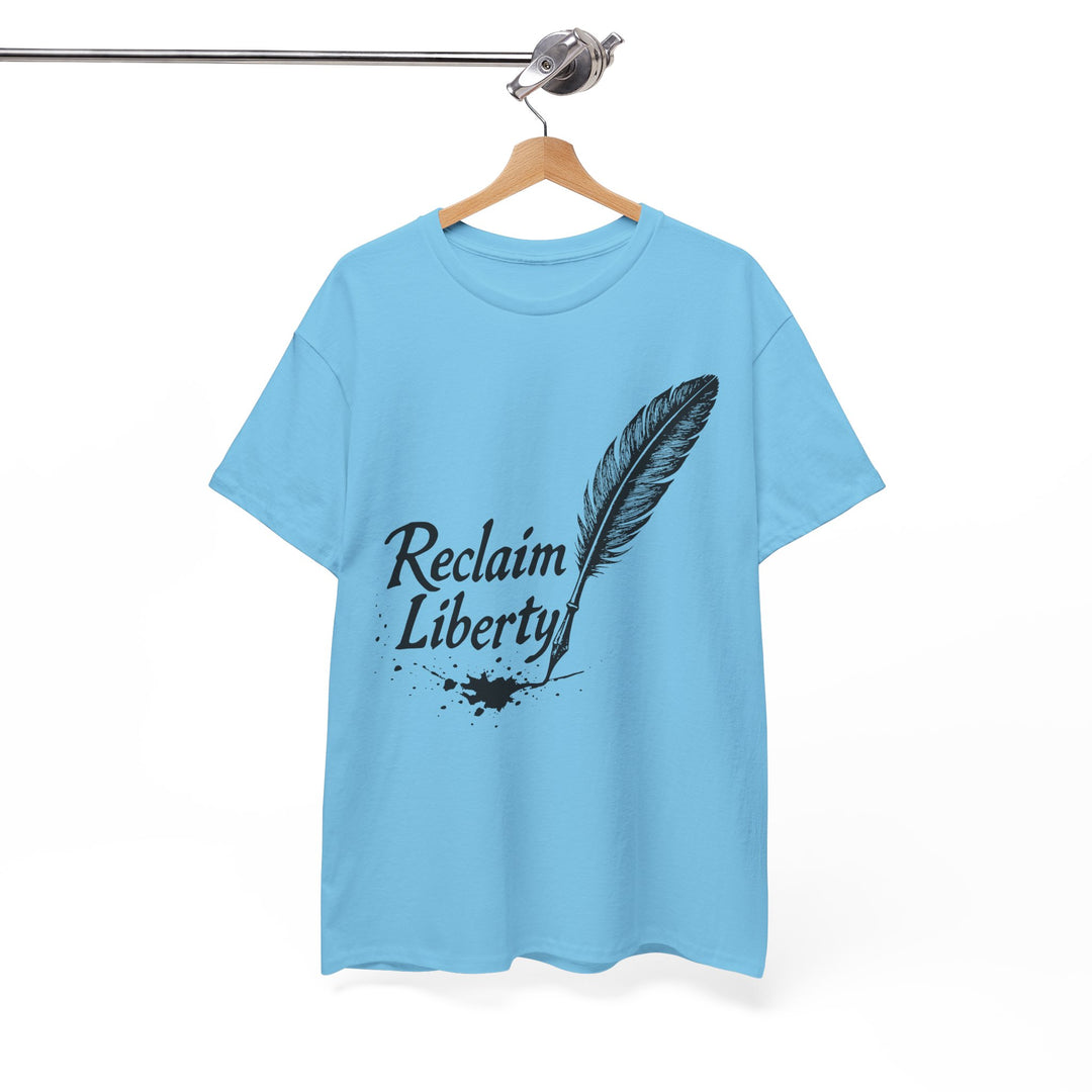 Light blue reclaim liberty graphic tee featuring a feather and ink design for casual wear