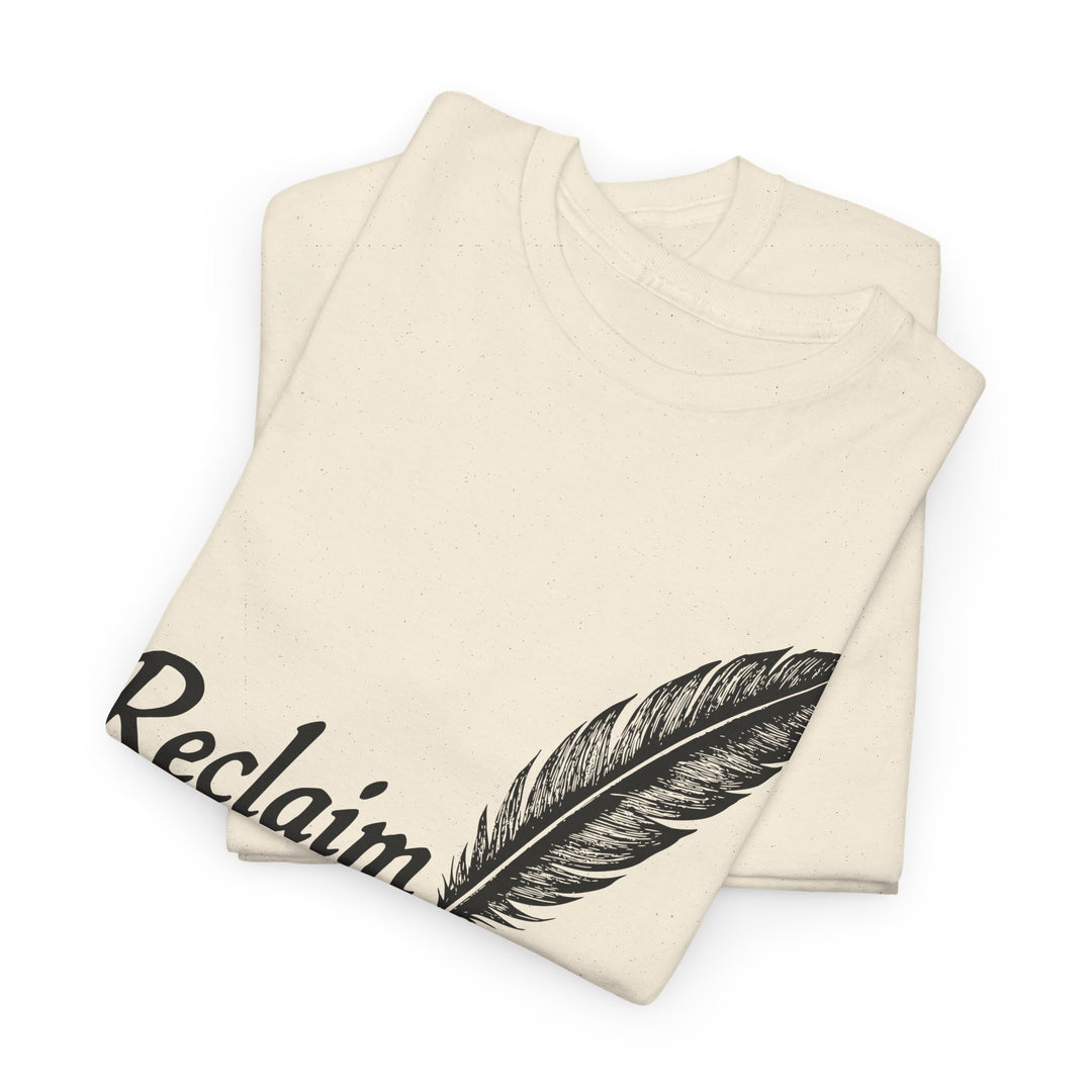 Reclaim Liberty Graphic Tee featuring a stylish feather design on a cream-colored fabric
