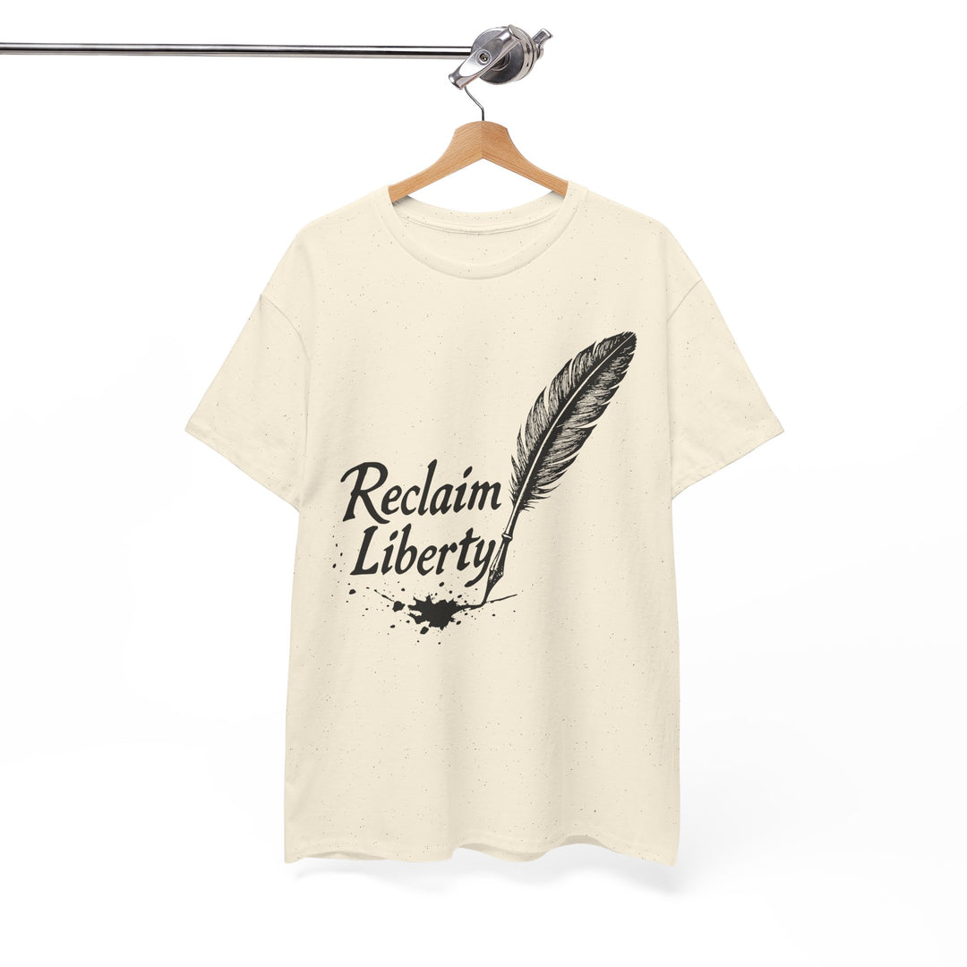 Reclaim Liberty graphic tee featuring a feather and ink splatter design on a cream-colored shirt
