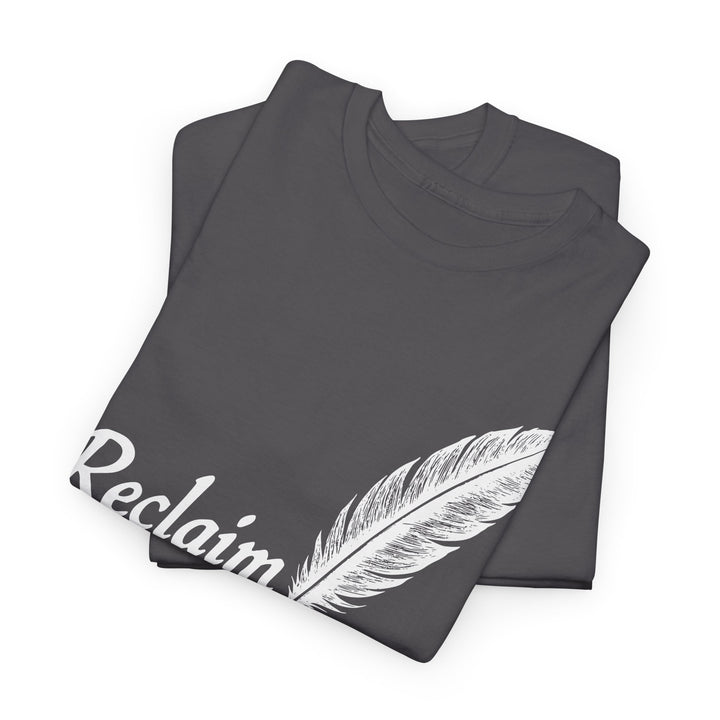 Reclaim Liberty graphic tee in gray with a stylish feather design and bold lettering