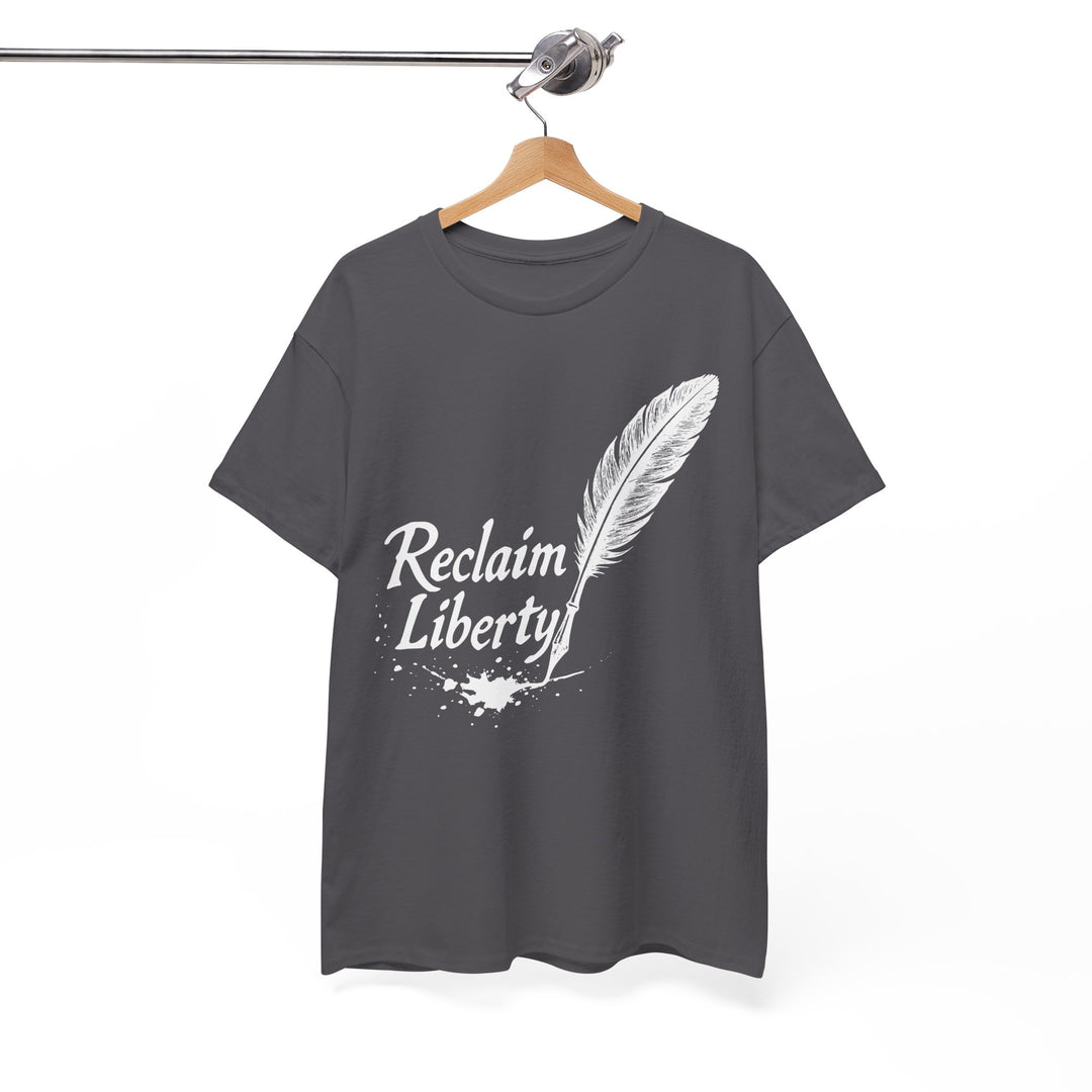 Reclaim Liberty graphic tee in charcoal gray featuring a white feather design