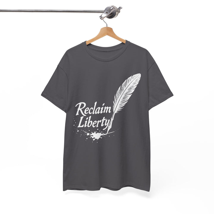 Reclaim Liberty graphic tee in charcoal gray featuring a white feather design