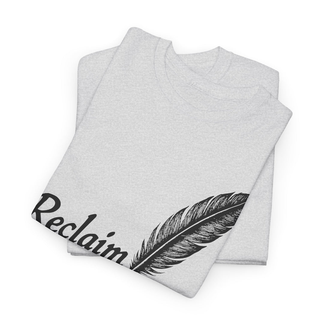 Reclaim Liberty graphic tee in light gray featuring a feather design and bold text