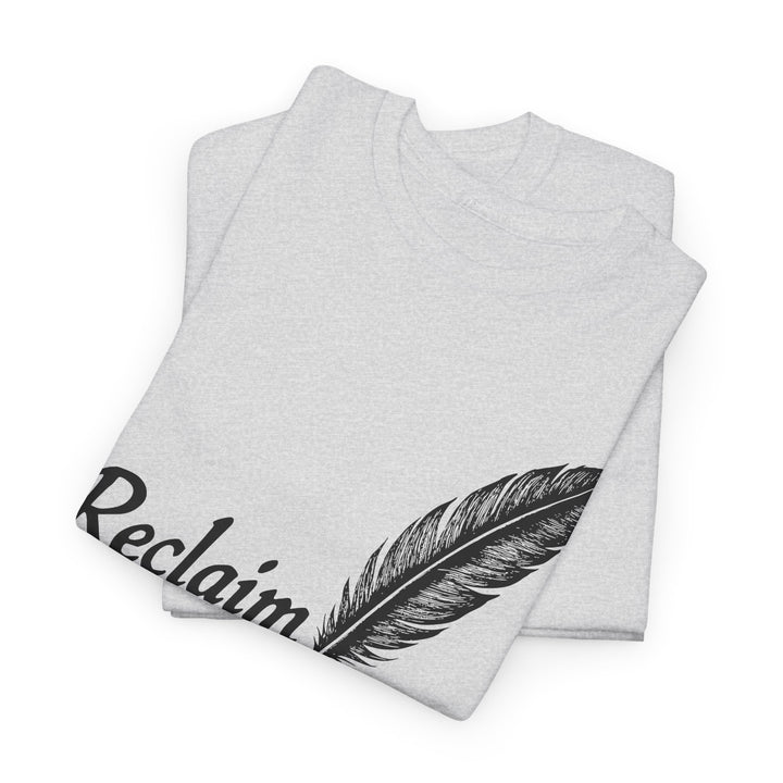 Reclaim Liberty graphic tee in light gray featuring a feather design and bold text