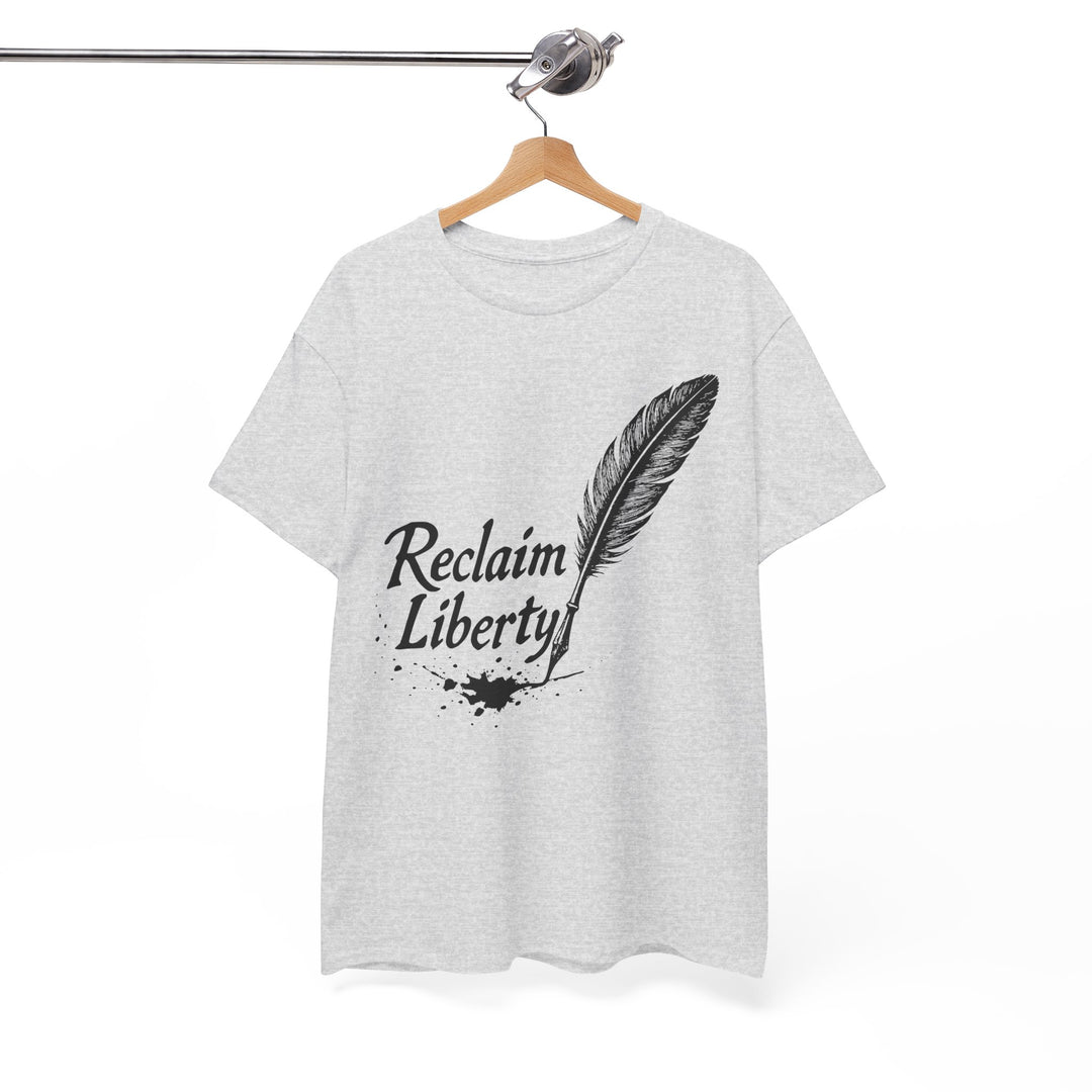 Reclaim Liberty graphic tee featuring a feather and ink design on a light gray shirt