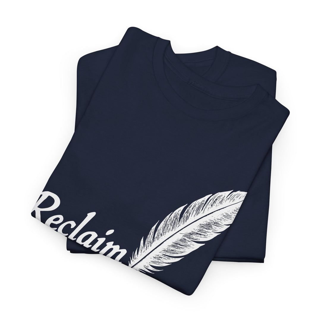 Navy blue reclaim liberty graphic tee featuring a white feather design for stylish expression