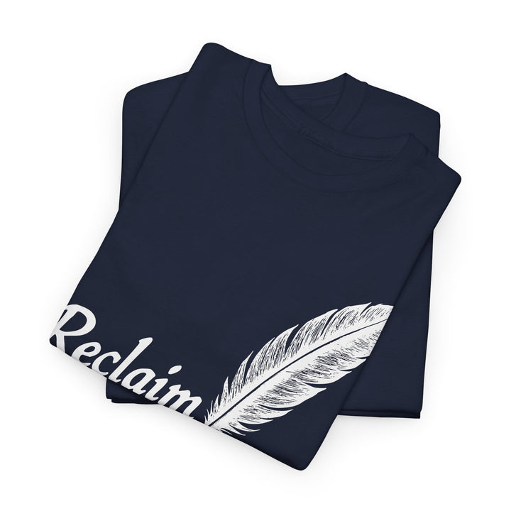 Navy blue reclaim liberty graphic tee featuring a white feather design for stylish expression