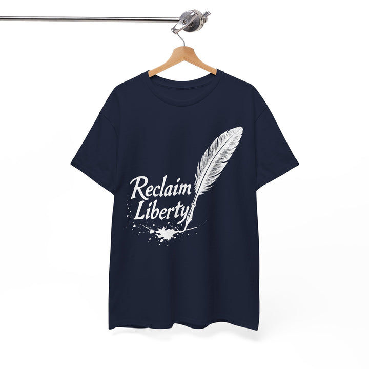 Navy Reclaim Liberty graphic tee featuring a feather design and bold lettering