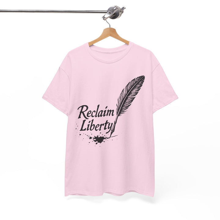 Pink Reclaim Liberty graphic tee featuring a feather and ink splatter design