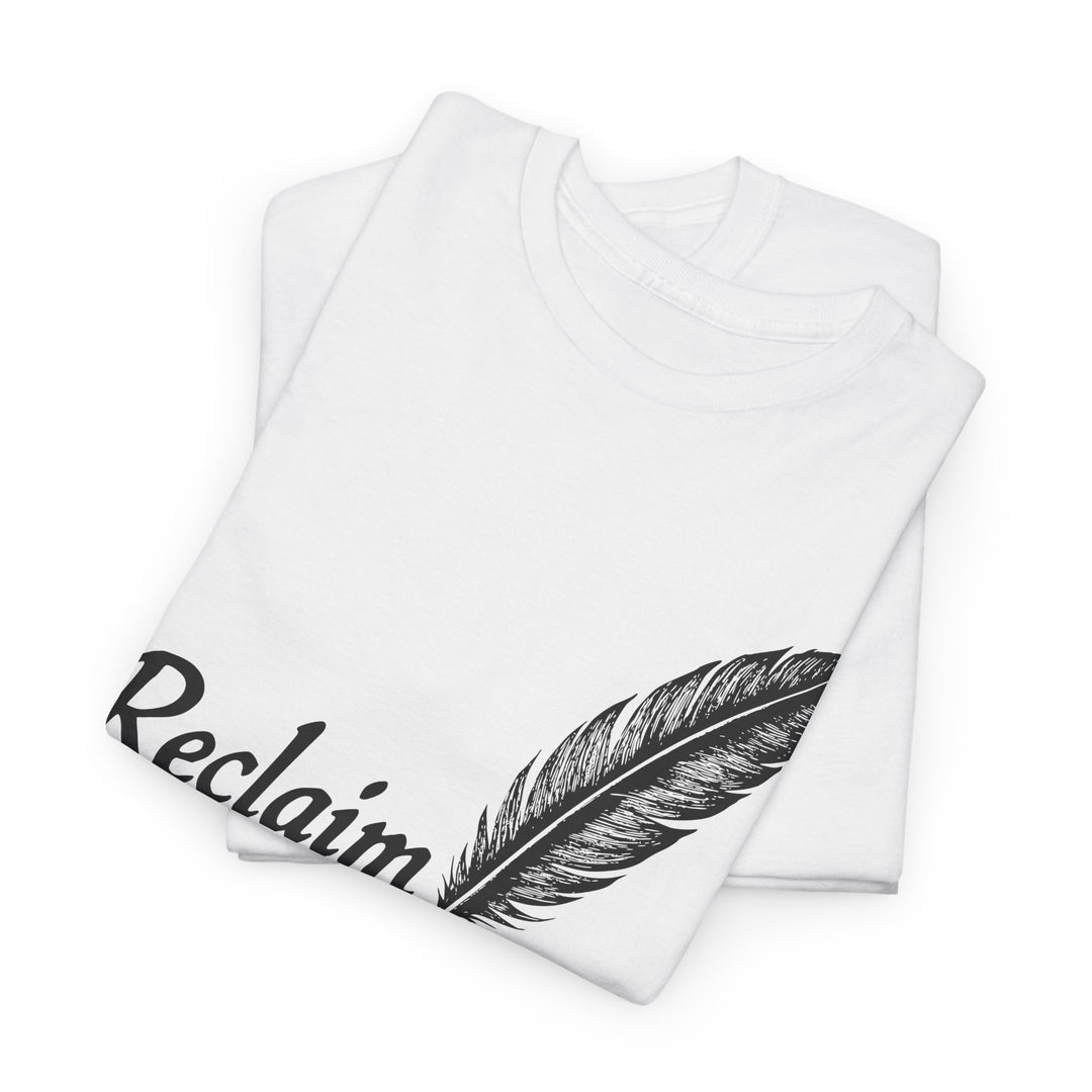 Reclaim liberty graphic tee in white with stylish feather design and bold text