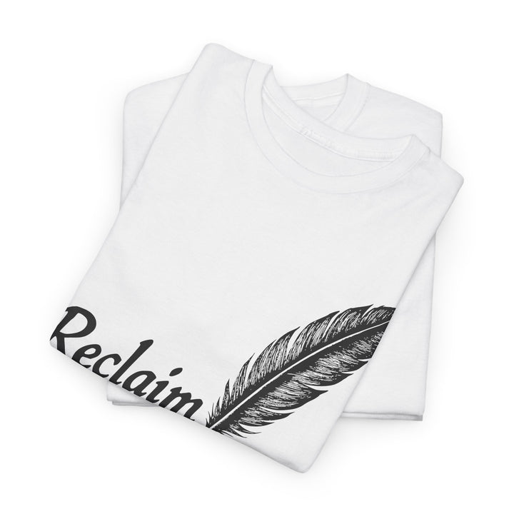 Reclaim liberty graphic tee in white with stylish feather design and bold text