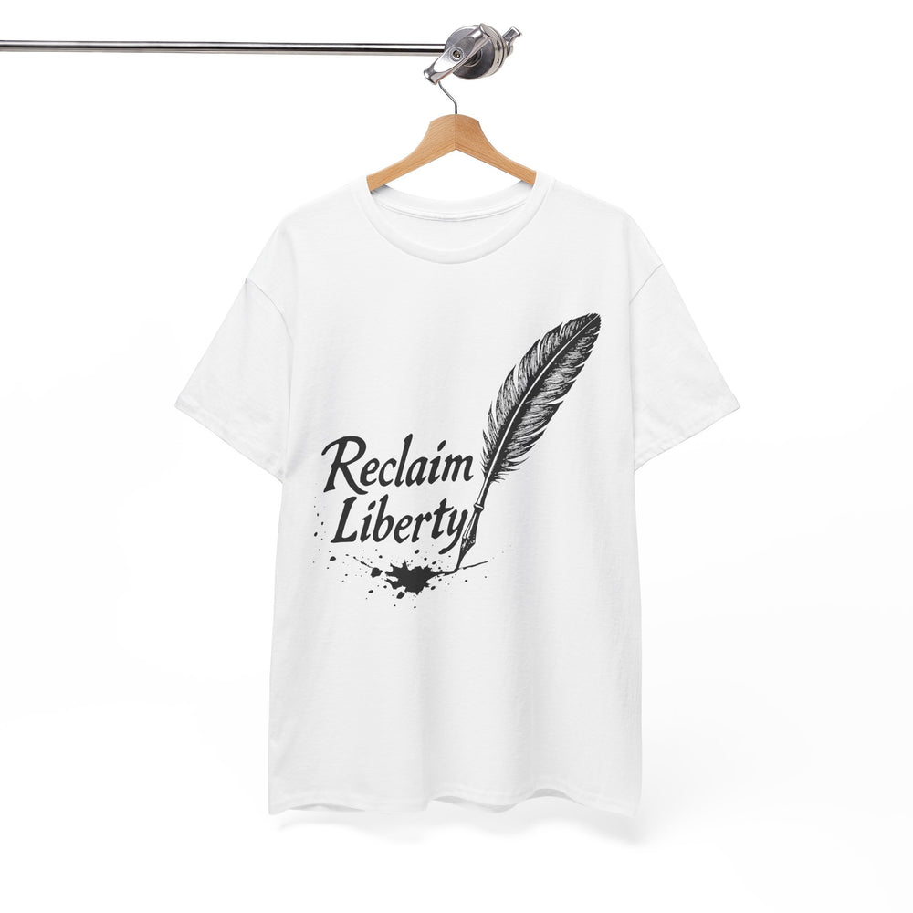 Reclaim Liberty graphic tee featuring a feather design with splatter effect on a white shirt