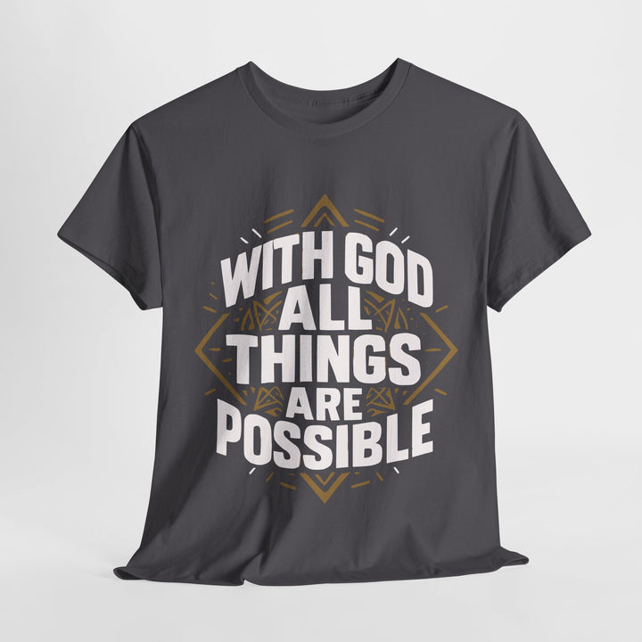 Printify gray T shirt With God All Things Are Possible bold white text with gold geometric accents unisex Christian streetwear