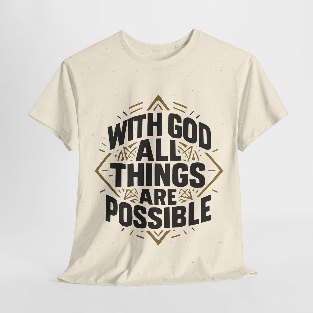 Cream unisex t shirt with black and gold geometric graphic saying With God All Things Are Possible unisex Christian streetwear