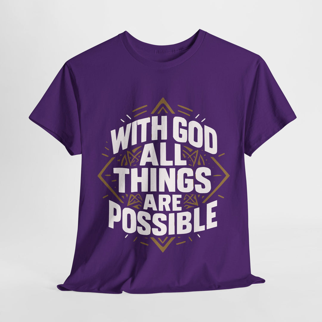 Purple tee with bold white text With God All Things Are Possible and gold geometric emblem unisex Christian streetwear
