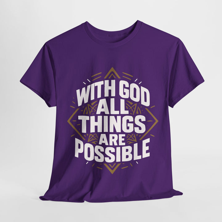 Purple tee with bold white text With God All Things Are Possible and gold geometric emblem unisex Christian streetwear