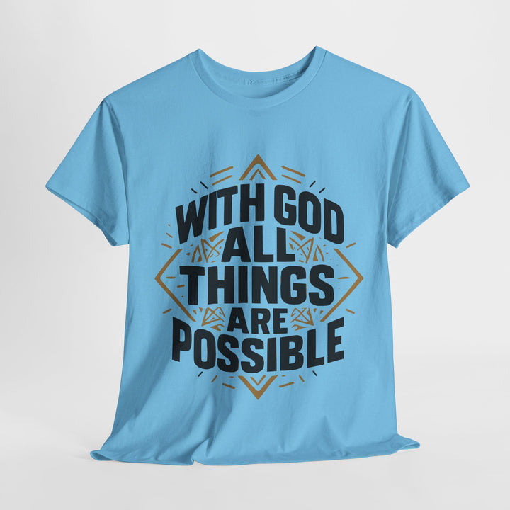 Light blue t shirt with bold black and gold geometric print saying WITH GOD ALL THINGS ARE POSSIBLE unisex Christian streetwear