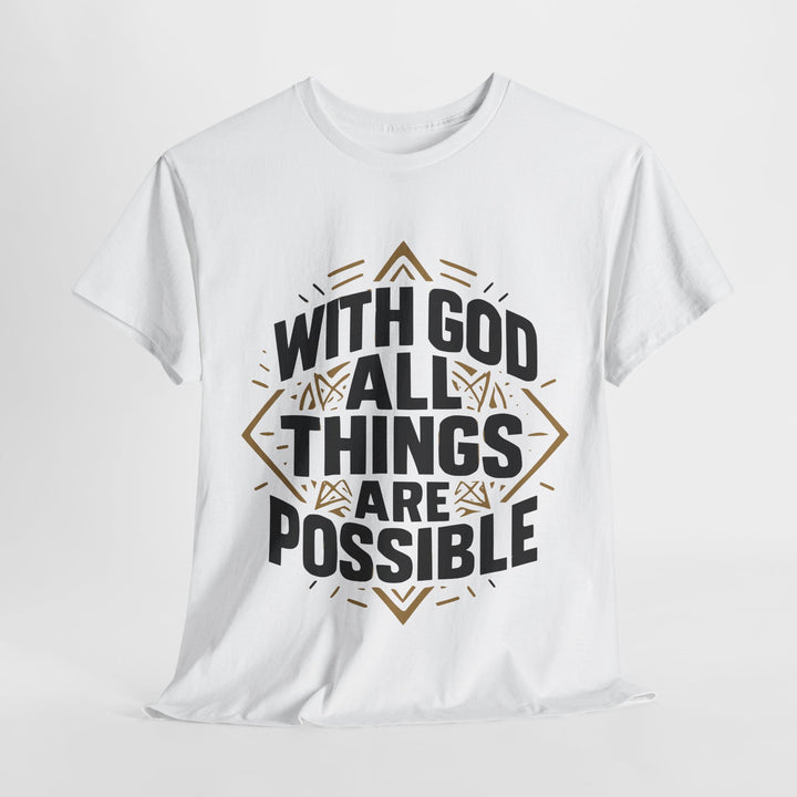 white Printify tee with bold black and gold geometric text reading With God All Things Are Possible unisex Christian streetwear