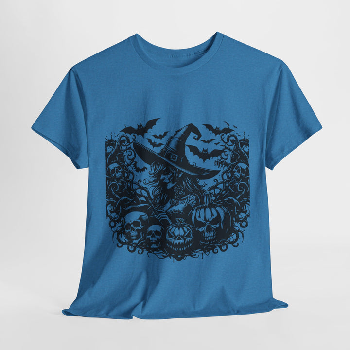 Witch Halloween graphic tee in blue featuring a spooky design with pumpkins and skulls