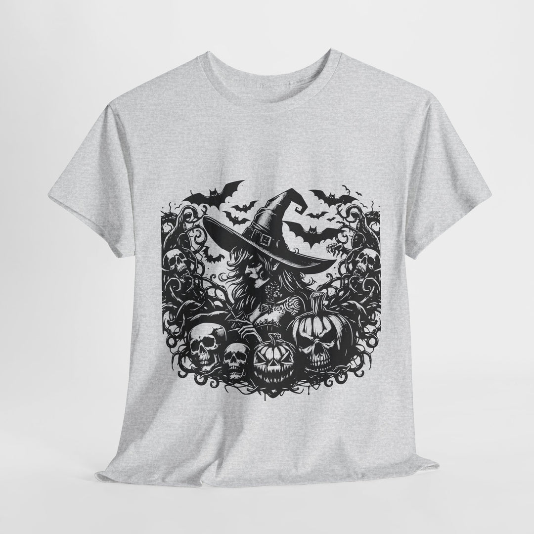 Gray witch Halloween graphic tee featuring a spooky witch with pumpkins and bats