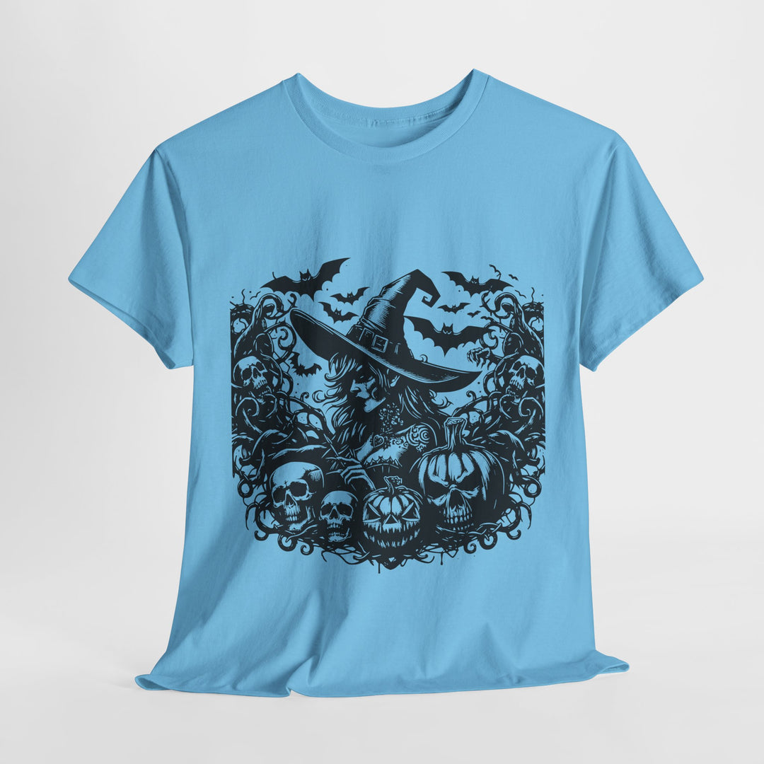 Witch Halloween graphic tee in blue featuring a spooky witch design with skulls and pumpkins