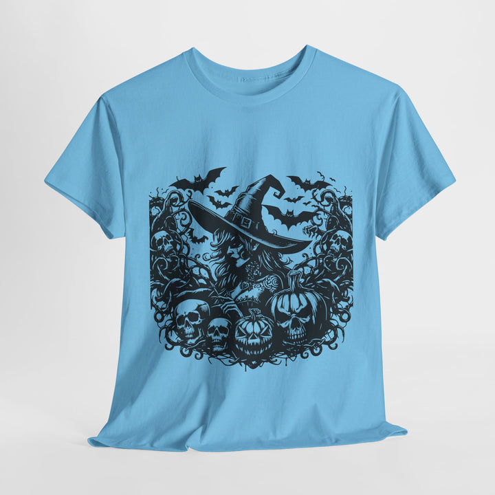 Witch Halloween graphic tee in blue featuring a spooky witch design with skulls and pumpkins