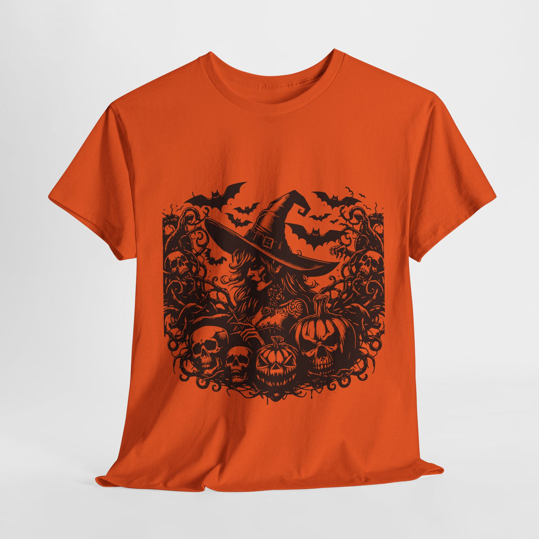Orange witch Halloween graphic tee featuring a spooky witch with pumpkins and skulls