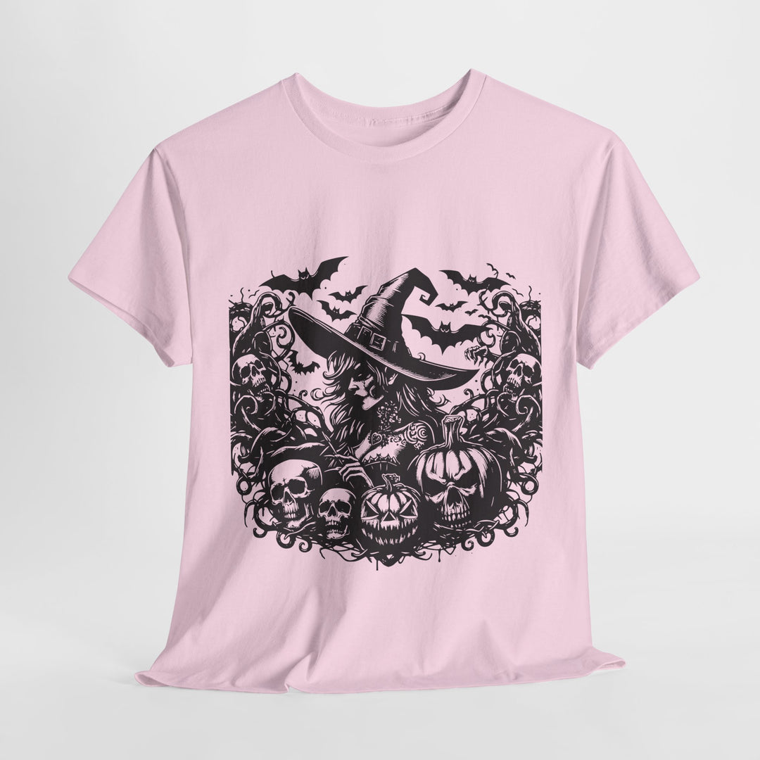 Pink witch Halloween graphic tee featuring a spooky design with skulls and pumpkins