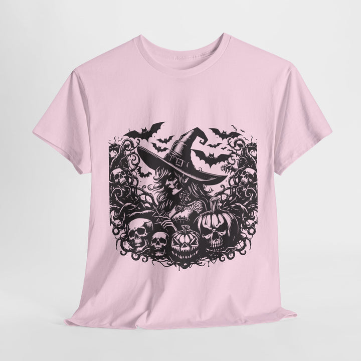 Pink witch Halloween graphic tee featuring a spooky design with skulls and pumpkins