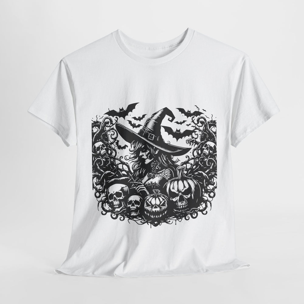 White witch Halloween graphic tee featuring a spooky witch with pumpkins and skulls