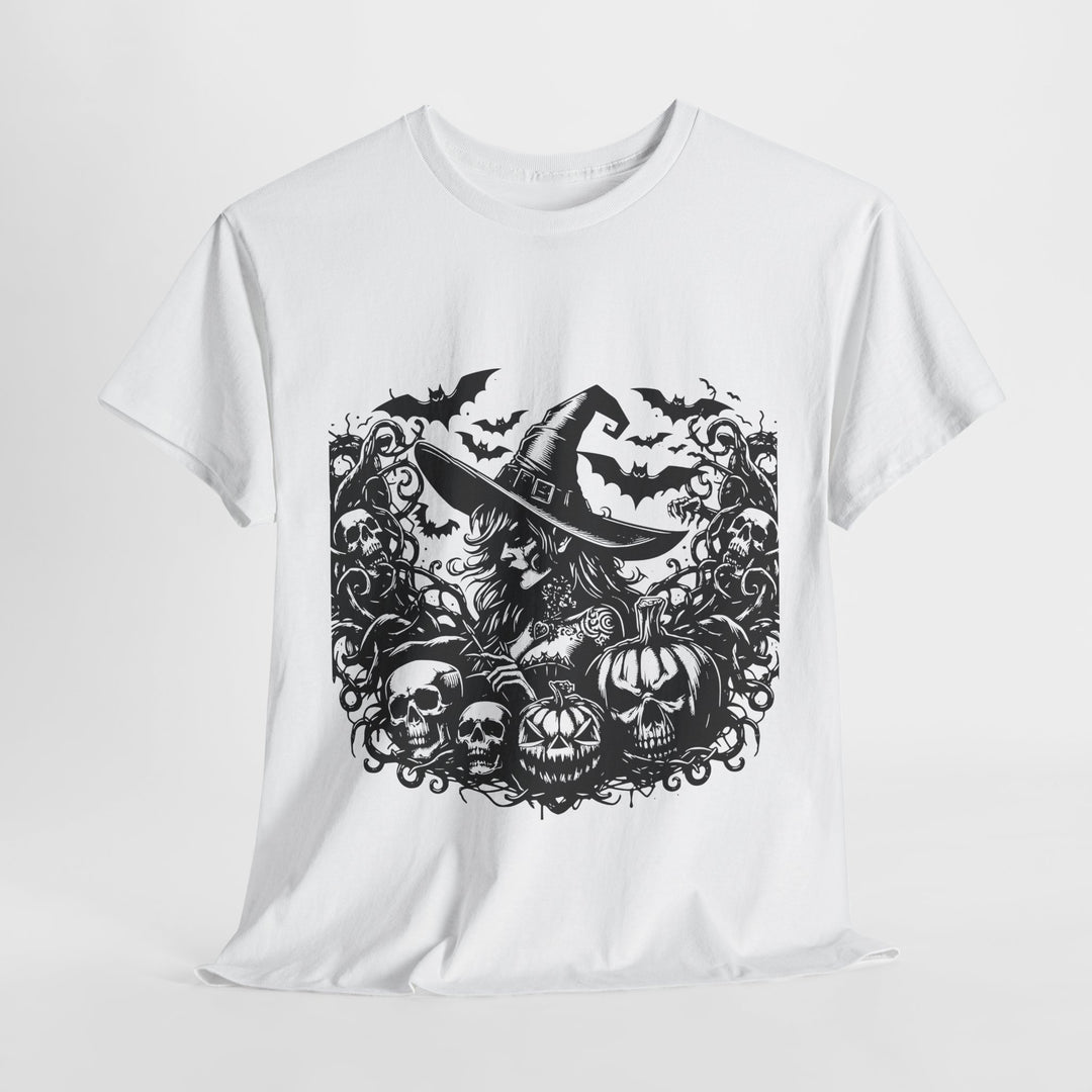 White witch Halloween graphic tee featuring a spooky witch with pumpkins and skulls
